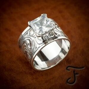 Silver Tone Synthetic Zirconia Inlaid Ring Intricate Design